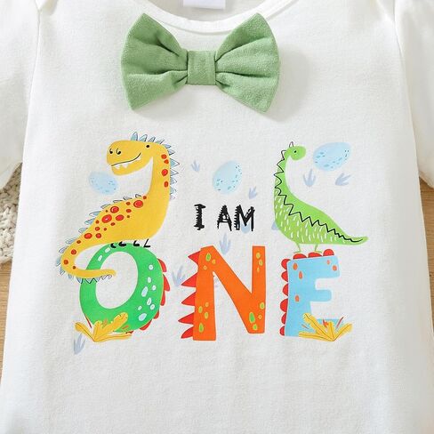 WOLBAY أول عيد ميلاد الزي الصبي البرية زينة عيد ميلاد واحد عيد ميلاد تاج قبعة الطفل القوس التعادل رومبير نيسيي مريلة عموما (ديناصور الأخضر، 12-18 شهرا) in Kuwait