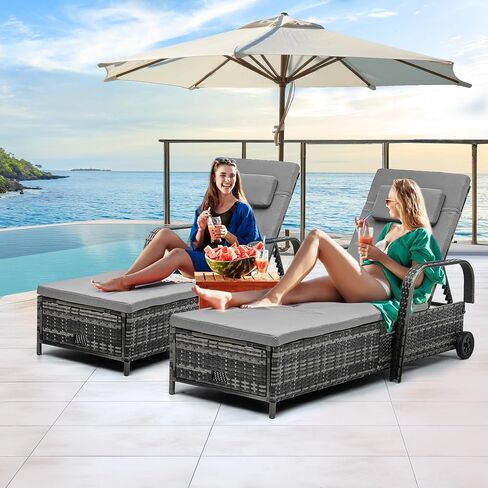 YITAHOME Chaise Lounge Chair with Storage, Wicker Patio Lounge Set with 5-Position Backrest, Rattan Pool Reclining with Headrest, Arm, Cushion, and Wheel for Poolside Balcony Garden(Black+Beige) in Saudi Arabia