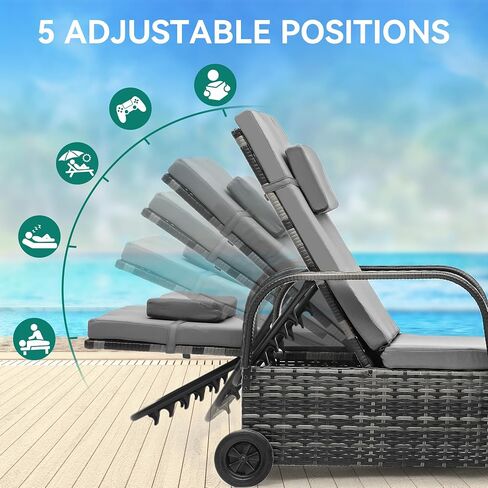 YITAHOME Chaise Lounge Chair with Storage, Wicker Patio Lounge Set with 5-Position Backrest, Rattan Pool Reclining with Headrest, Arm, Cushion, and Wheel for Poolside Balcony Garden(Black+Beige) in Saudi Arabia