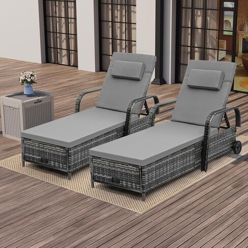 YITAHOME Chaise Lounge Chair with Storage, Wicker Patio Lounge Set with 5-Position Backrest, Rattan Pool Reclining with Headrest, Arm, Cushion, and Wheel for Poolside Balcony Garden(Black+Beige) in Saudi Arabia