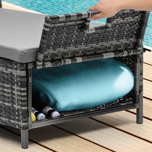 YITAHOME Chaise Lounge Chair with Storage, Wicker Patio Lounge Set with 5-Position Backrest, Rattan Pool Reclining with Headrest, Arm, Cushion, and Wheel for Poolside Balcony Garden(Black+Beige) in Saudi Arabia