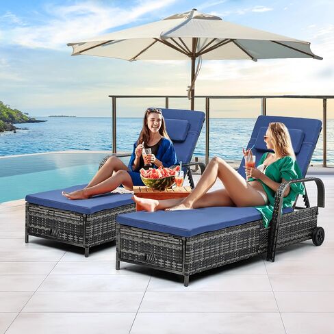 YITAHOME Chaise Lounge Chair with Storage, Wicker Patio Lounge Set with 5-Position Backrest, Rattan Pool Reclining with Headrest, Arm, Cushion, and Wheel for Poolside Balcony Garden(Black+Beige) in Saudi Arabia