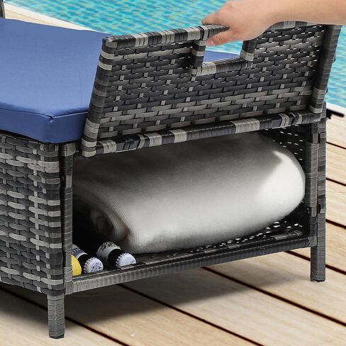 YITAHOME Chaise Lounge Chair with Storage, Wicker Patio Lounge Set with 5-Position Backrest, Rattan Pool Reclining with Headrest, Arm, Cushion, and Wheel for Poolside Balcony Garden(Black+Beige) in Saudi Arabia