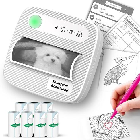 طابعة ملصقات مع 7 لفات من ورق الملصقات، طابعة حرارية بلوتوث متوافقة مع iOS وAndroid، طابعة جيب صغيرة محمولة وبدون حبر، طابعة دراسة للبطاقات التعليمية، DIY، هدية للأطفال in Kuwait