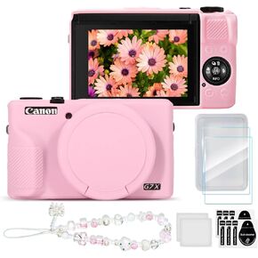 Case & Screen Protector Kit for Canon PowerShot G7X Mark III, Soft Silicone Protective Case, Anti-Scratch Grip Cover with Bracelet-Style Wrist Strap & Lens Cover, Lightweight - Brown in Saudi Arabia