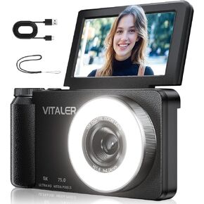 5K Digital Camera for Photography with Fill Light, 3'' 180°Flip Screen, 75MP Vlogging Camera for YouTube Video, 18X Zoom Compact Point and Shoot Cameras for Beginner Teens, Kids, Black in Kuwait