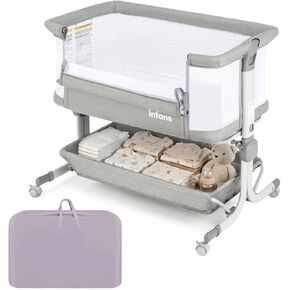 INFANS 3 in 1 Baby Bassinet, Bedside Sleeper with Comfy Mattress, Wheels, 6 Height Adjustable, Storage Basket, Travel Bag, Portable All Mesh Crib for Newborn Infant (Gray) in Saudi Arabia