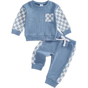 Tsultryofs Baby Boy Fall Clothes Toddler Infant Plaid Patchwork Outfit Long Sleeve Round Neck Tops and Casual Pants Set in Kuwait