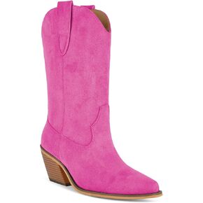 VERISSON Faux Suede Cowboy Boots for Women Brown Cowgirl Boots Mid Calf Chunky Heel Pointed Toe Pull on Booties Dressy Western Boot in Kuwait