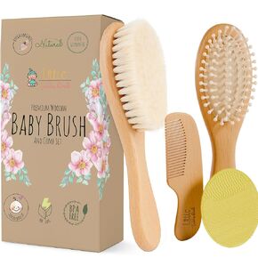 Little Tinkers World Wooden Baby Hair Brush and Comb Set, 4-Piece | Natural Wooden Set with Soft Goat Hair Bristle Brush, Beech Wood Massage Brush, Maple Wood Comb & Soft Silicone Scalp Brush in Kuwait