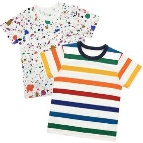 Kids 2-Pack Rainbow Striped Short Sleeve T-Shirt Soft Cotton Crew Neck Summer Doodle Print Tops for Toddler Boys Girls in Kuwait