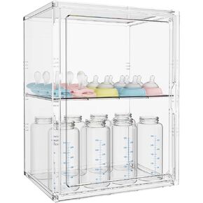 Baby Bottle Organizer, 3 Tiers Adjustable Bottle Storage Container for Countertop, Clear Acrylic Bottle Station with 2 Removable Dividers and Magnetic Door, Suitable for Kitchen Bathroom Vanity in Saudi Arabia