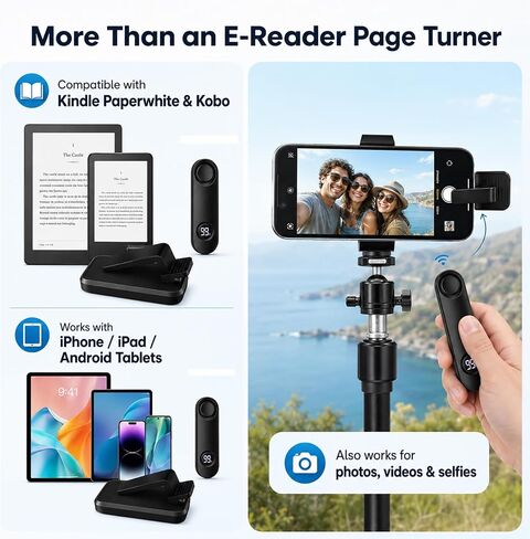 Page Turner for Kindle Paperwhite, RF Remote Control Clicker Page Turner Kindle Accessories for iPhone,iPad, Android Tablets Reading Novels,Camera Video Record&Shutter Selfie (Black) in Kuwait