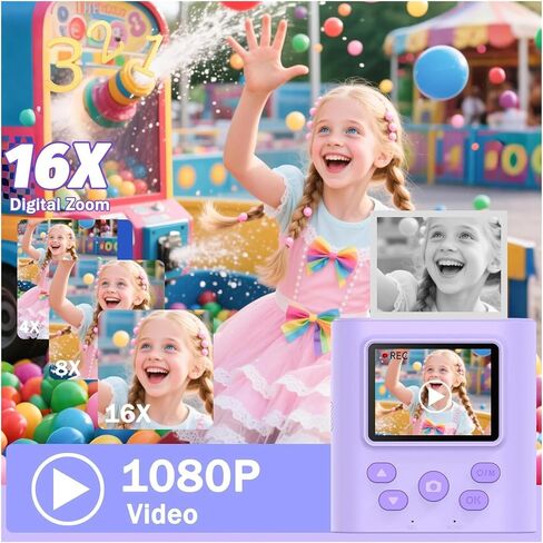 Kids Instant Print Camera 1080P HD Digital Camera for Children Dual Lens Selfie Video Camera with 3 Rolls Paper Games Gift(Pink) in Kuwait
