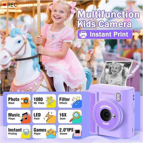 Kids Instant Print Camera 1080P HD Digital Camera for Children Dual Lens Selfie Video Camera with 3 Rolls Paper Games Gift(Pink) in Kuwait