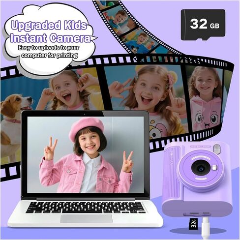 Kids Instant Print Camera 1080P HD Digital Camera for Children Dual Lens Selfie Video Camera with 3 Rolls Paper Games Gift(Pink) in Kuwait