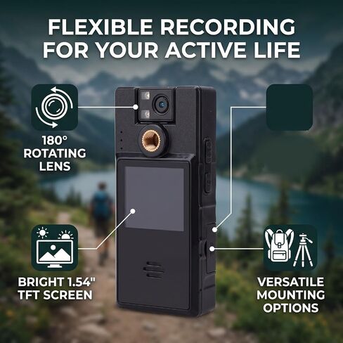 Portable Body Camera, 1080P 1.54 Inch | Body Camera 180 Degree Rotating Lens 1.54 Inch Color Screen Camera with 1/4 Inch Mount Interface for Cycling Hiking Classroom in Kuwait