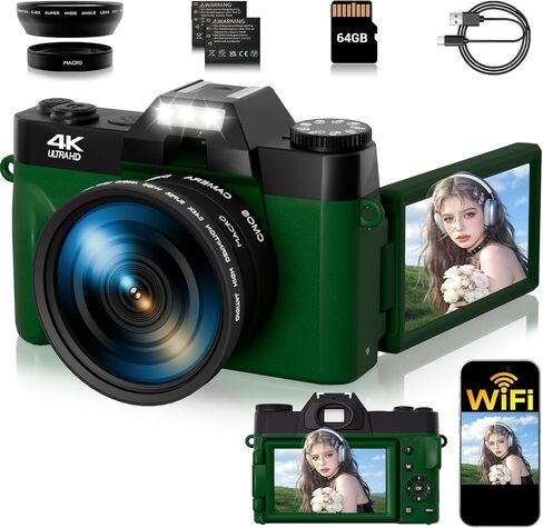 75MP Digital Camera,4K WiFi Vlogging Camera with 3.0" 180° Flip Screen,16X Zoom Autofocus Compact Camera for YouTube Video,Travel Camera with 2 Batteries, 64GB SD Card(DeepGreen) in Kuwait