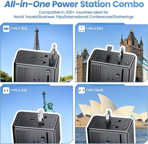 220V to 110V Voltage Converter US to Europe for Hair Dryer, Power Converter Adapter Combo with Fast Charging 2 USB A & 2 USB C, International Adapter European Travel Converter C G A I (Black) in Kuwait
