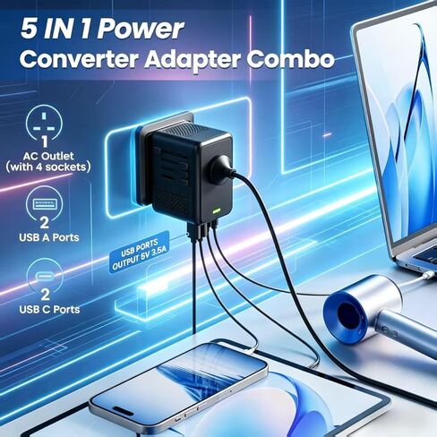 220V to 110V Voltage Converter US to Europe for Hair Dryer, Power Converter Adapter Combo with Fast Charging 2 USB A & 2 USB C, International Adapter European Travel Converter C G A I (Black) in Kuwait
