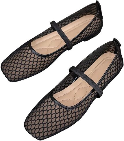 GORGLITTER Women's Mesh Ballet Flats Fishnet Sheer Ballerina Maryjane Shoes | Fishnet Sheer, Closed Square Toe, Comfortable Dressy Trendy, Dressy Ballerina Maryjane Shoes in Kuwait
