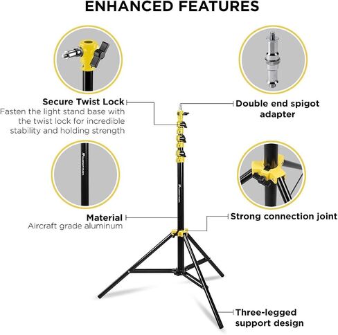 Flashpoint Color Coded Pro Air Cushioned Heavy Duty Light Stand for Photography, This Portable Photography Light Stand Tripod is Lightweight and Durable (V2) (Yellow, 9.5') in Kuwait