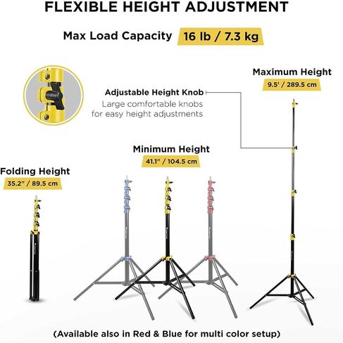 Flashpoint Color Coded Pro Air Cushioned Heavy Duty Light Stand for Photography, This Portable Photography Light Stand Tripod is Lightweight and Durable (V2) (Yellow, 9.5') in Kuwait