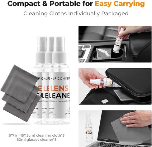K&F CONCEPT Cleaner Spray Kit,with Microfiber Cloth X3,Glasses Cleaner X3 | 60ml Mild Cleaning Liquid,High Density Cloths,Individually Packaged,Washable & Reusable,For Eyeglasses,Screen,and Camera,MK01 in Kuwait