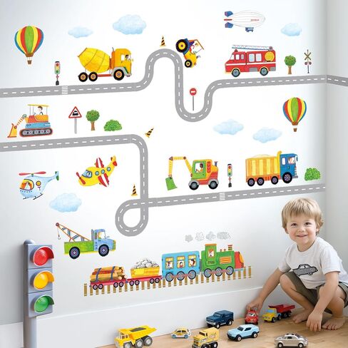 DECOWALL SG2-2107 Construction Transportation Wall Decals Car Truck Tractor Road Stickers for Kids Boys Living Room Decor Bedroom Playroom Nursery Peel and Stick Removable in Kuwait
