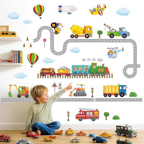 DECOWALL SG2-2107 Construction Transportation Wall Decals Car Truck Tractor Road Stickers for Kids Boys Living Room Decor Bedroom Playroom Nursery Peel and Stick Removable in Kuwait