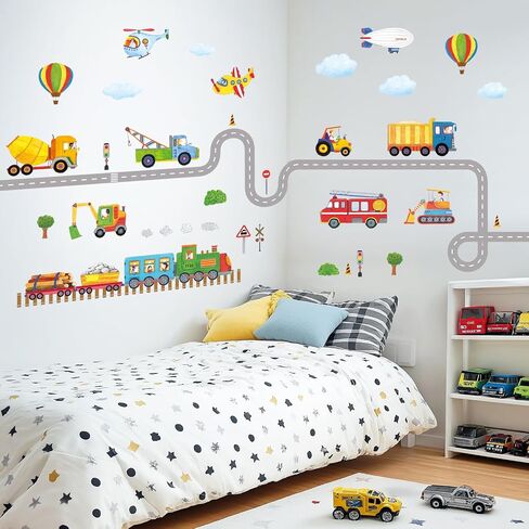 DECOWALL SG2-2107 Construction Transportation Wall Decals Car Truck Tractor Road Stickers for Kids Boys Living Room Decor Bedroom Playroom Nursery Peel and Stick Removable in Kuwait