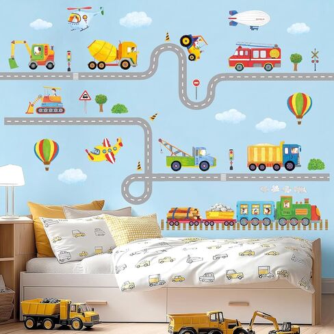 DECOWALL SG2-2107 Construction Transportation Wall Decals Car Truck Tractor Road Stickers for Kids Boys Living Room Decor Bedroom Playroom Nursery Peel and Stick Removable in Kuwait