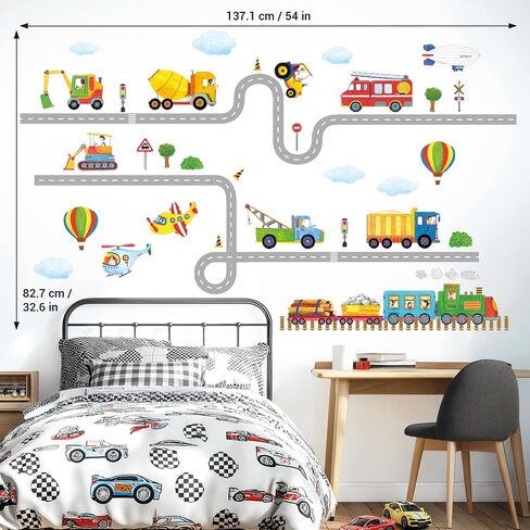 DECOWALL SG2-2107 Construction Transportation Wall Decals Car Truck Tractor Road Stickers for Kids Boys Living Room Decor Bedroom Playroom Nursery Peel and Stick Removable in Kuwait