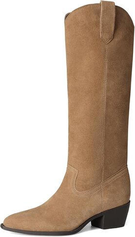 DREAM PAIRS Suede Knee High Chunky Boots for Women | 30 Percent Genuine Leather, 2" Chunky Heel, Pointed Toe Retro Western Style, Easy Pull-on, 5mm PU Foam Insole, Slip-resistant in Kuwait