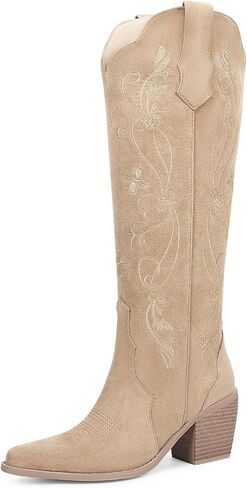 wetkiss Women's Pointed Toe Cowboy Boots | Knee High Cowgirl Boots, Retro Embroidery, Chunky Heel, Pull-On, Style for a Classic Western Look,Stable and Comfortable in Kuwait