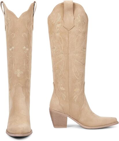 wetkiss Women's Pointed Toe Cowboy Boots | Knee High Cowgirl Boots, Retro Embroidery, Chunky Heel, Pull-On, Style for a Classic Western Look,Stable and Comfortable in Kuwait