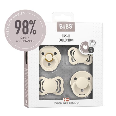BIBS Try-It Collection | 4-Pack Soothers | BPA-Free Round, Anatomical & Symmetrical Nipple | Natural Rubber Latex/Silicone | Made in Denmark | 0-6 Months | Ivory | Mixed Nipple Types | Natural Rubber Latex & Silicone | Size 1 | BPA-Free | High Nipple Acce in Kuwait
