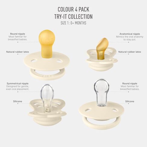 BIBS Try-It Collection | 4-Pack Soothers | BPA-Free Round, Anatomical & Symmetrical Nipple | Natural Rubber Latex/Silicone | Made in Denmark | 0-6 Months | Ivory | Mixed Nipple Types | Natural Rubber Latex & Silicone | Size 1 | BPA-Free | High Nipple Acce in Kuwait