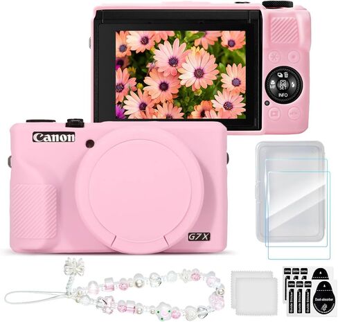 Case & Screen Protector Kit for Canon PowerShot G7X Mark III, Soft Silicone Protective Case, Anti-Scratch Grip Cover with Bracelet-Style Wrist Strap & Lens Cover, Lightweight - Black in Kuwait
