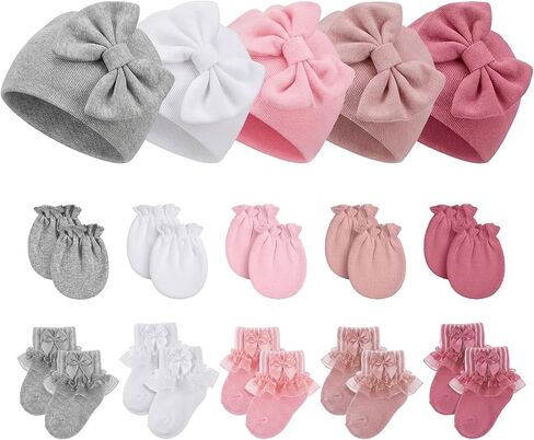 Ramede 5 Pack Preemie Newborn Hats Mittens Socks Set Cotton Bow Knot Caps Non-Scratch Gloves Ruffle Lace Socks for Girls Boys in Kuwait