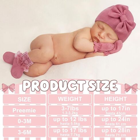 Ramede 5 Pack Preemie Newborn Hats Mittens Socks Set Cotton Bow Knot Caps Non-Scratch Gloves Ruffle Lace Socks for Girls Boys in Kuwait