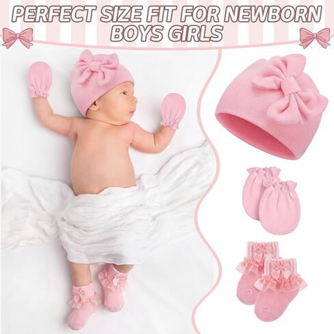 Ramede 5 Pack Preemie Newborn Hats Mittens Socks Set Cotton Bow Knot Caps Non-Scratch Gloves Ruffle Lace Socks for Girls Boys in Kuwait