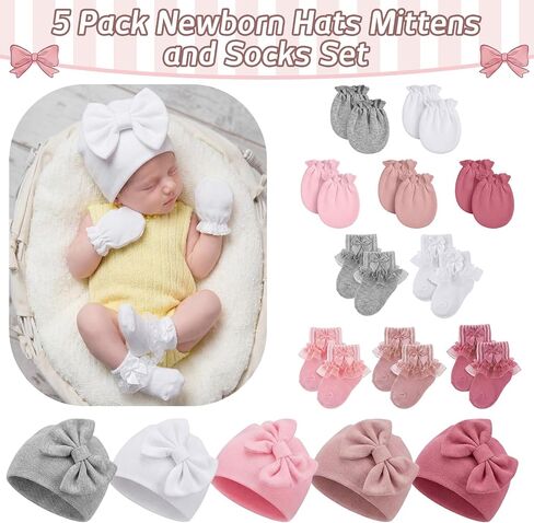 Ramede 5 Pack Preemie Newborn Hats Mittens Socks Set Cotton Bow Knot Caps Non-Scratch Gloves Ruffle Lace Socks for Girls Boys in Kuwait