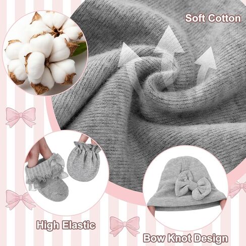 Ramede 5 Pack Preemie Newborn Hats Mittens Socks Set Cotton Bow Knot Caps Non-Scratch Gloves Ruffle Lace Socks for Girls Boys in Kuwait