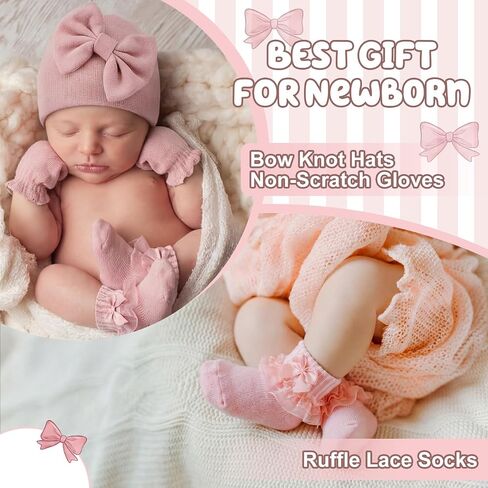 Ramede 5 Pack Preemie Newborn Hats Mittens Socks Set Cotton Bow Knot Caps Non-Scratch Gloves Ruffle Lace Socks for Girls Boys in Kuwait