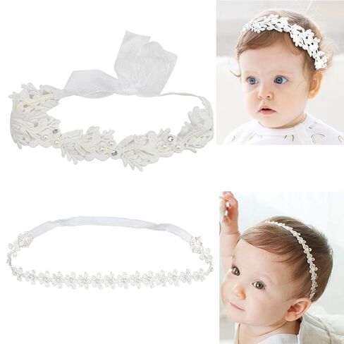 Elegant White Flower Christening Headbands for Baby Girl, Elastic Soft Lace with Cute Tulle Pearl Hair Strap, Stretchy Baptism Halo for Pure Newborns Infants Toddlers (Over 6 Months) (2 Pack 18-20in) in Kuwait