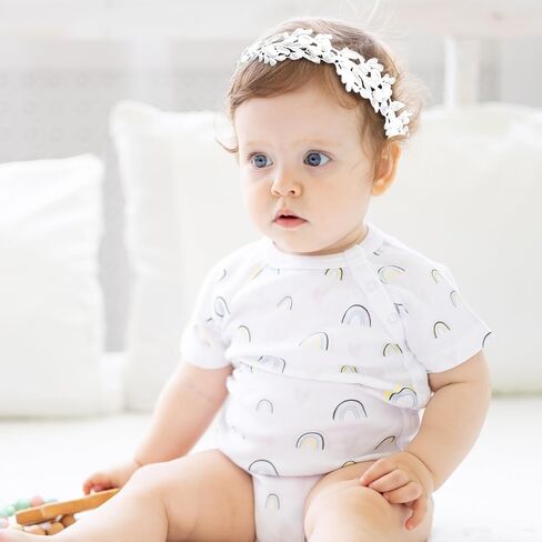 Elegant White Flower Christening Headbands for Baby Girl, Elastic Soft Lace with Cute Tulle Pearl Hair Strap, Stretchy Baptism Halo for Pure Newborns Infants Toddlers (Over 6 Months) (2 Pack 18-20in) in Kuwait
