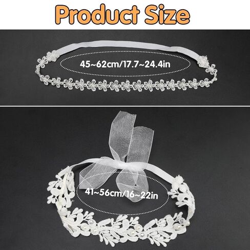 Elegant White Flower Christening Headbands for Baby Girl, Elastic Soft Lace with Cute Tulle Pearl Hair Strap, Stretchy Baptism Halo for Pure Newborns Infants Toddlers (Over 6 Months) (2 Pack 18-20in) in Kuwait