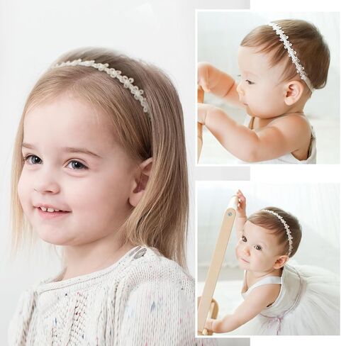 Elegant White Flower Christening Headbands for Baby Girl, Elastic Soft Lace with Cute Tulle Pearl Hair Strap, Stretchy Baptism Halo for Pure Newborns Infants Toddlers (Over 6 Months) (2 Pack 18-20in) in Kuwait