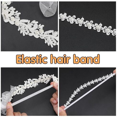 Elegant White Flower Christening Headbands for Baby Girl, Elastic Soft Lace with Cute Tulle Pearl Hair Strap, Stretchy Baptism Halo for Pure Newborns Infants Toddlers (Over 6 Months) (2 Pack 18-20in) in Kuwait